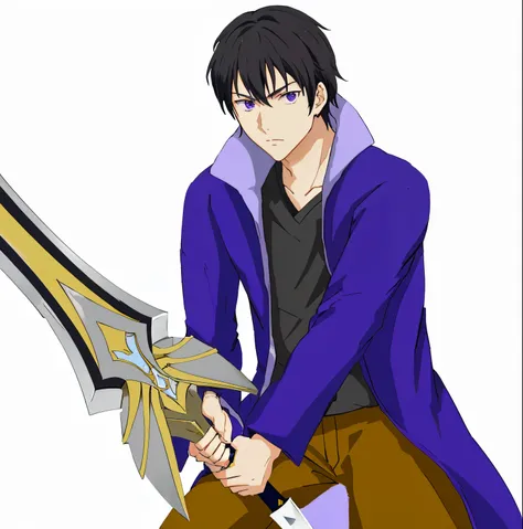 anime guy with a sword and a purple jacket, with large sword, anime fencer, dramatic wielding sword pose, holds a sword, holding sword, holding a big sword, while holding a sword, holds a black sword, holding jagged scimitar, male anime character,