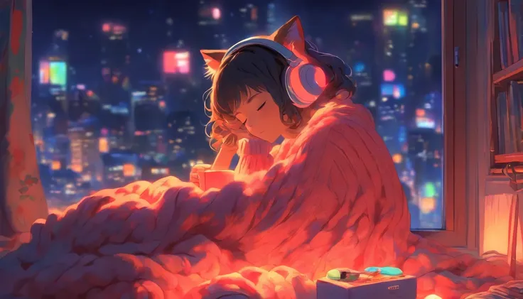 a girl, lying sleeping, wearing a big sweater, wearing headphones, legs covered with a blanket, lofi, calm, calm atmosphere, in her room looking at the window, cool, night, quiet night, cat, masterpiece, best quality