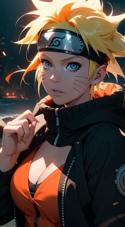 Naruto Uchiha Vortex is super realistic，detail-rich，Super short blonde hair，Orange clothes，Forehead，one-girl，Large breasts，cleavage，Be red in the face，Yellow hair，best qualityer，tmasterpiece, Johnny Depp walks across the beach at night among fireflies，shar...