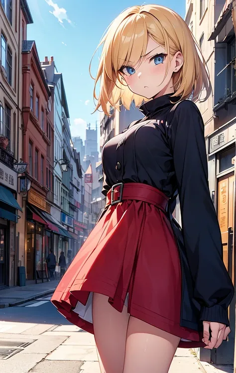 2D Anime Style、Beautiful blue eyes,(Talented lo-fi:1.3),breasts are slightly larger、Short blonde hair blowing in the wind,Cool adult woman with an angry expression,Red knitted dress,Wear a long black coat,walking in city,European-style cityscape,