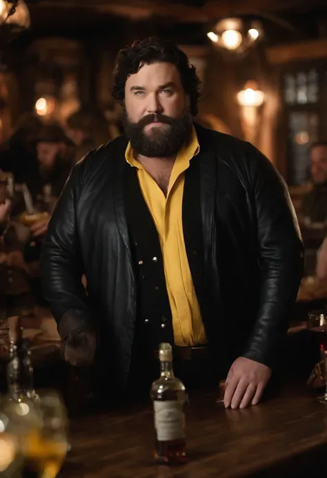 A photo of Robert at a bustling tavern, surrounded by lively patrons and colorful decorations,Game of Thrones TV series,Robert is fat, with thick black hair and beard streaked with grey, commonly wears black with yellow accents. Famously portrayed by Mark ...