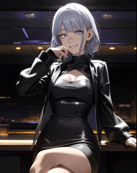 portrait photo of elexissinclaire wearing esjacket at a nightclub sitting at bar, wicked smile, (masterpiece) (best quality) (detailed) (8k) (HDR) (wallpaper) (cinematic lighting) (sharp focus) (intricate)