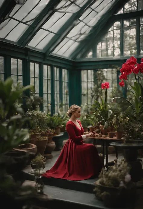 An image of Serena sitting in the greenhouse, delicately tending to a rare and exotic orchid,The Handmaids Tale,Serena Joy, a pivotal character in “The Handmaid’s Tale,” exudes a composed and elegant demeanor, her appearance characterized by the traditiona...