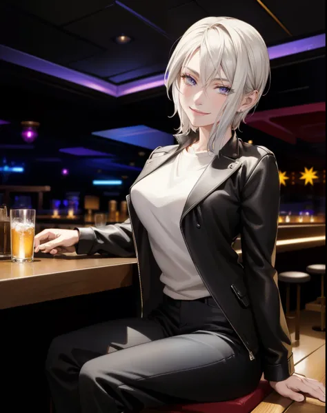 portrait photo of elexissinclaire wearing esjacket at a nightclub sitting at bar, wicked smile, (masterpiece) (best quality) (detailed) (8k) (HDR) (wallpaper) (cinematic lighting) (sharp focus) (intricate)