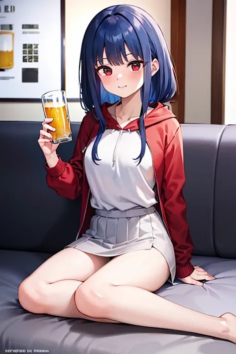 An anime girl, Around 20-year-old girl with anime-style, medium-length blue hair, red eyes, wearing a white camisole under a red zip-up hoodie, a gray mini skirt, holding a beer glass, sitting on the sofa with her legs crossed, full body, smile, triumphant...