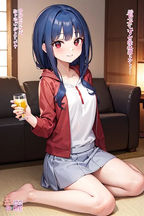 An anime girl, Around 20-year-old girl with anime-style, medium-length blue hair, red eyes, wearing a white camisole under a red zip-up hoodie, a gray mini skirt, holding a beer glass, sitting on the sofa with her legs crossed, full body, smile, triumphant...