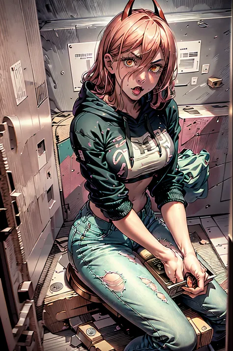 high res, detailed, power from chainsawman, person sitting in a toilet cubicle, gripping their own breast, holding a magazine in...