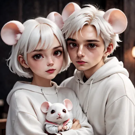 twincest, Mouse Girl, fluffy white short hair, big round mouse ears, whitesweater, take hand, ((dark brown colored eyes)), husband and wife, The beautiful, glossy lips, A detailed eye