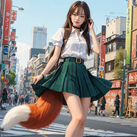 A girl with a red fox tail walking on the road, Fox tail, , foxgirl, fox nobushi,  female furry mini cute style, City streets behind her,  a hyperrealistic schoolgirl,  Furry tail, tail, a picture, top-quality, small tits, Troubled smiling face