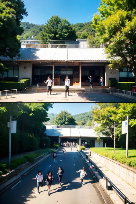 The whole picture is divided into four parts，The first section is in the upper left corner，They are a group of positive students，Holding various high-tech equipment in hands，The second part is at the top right，It is a beautiful campus scenery，Tree-lined ca...