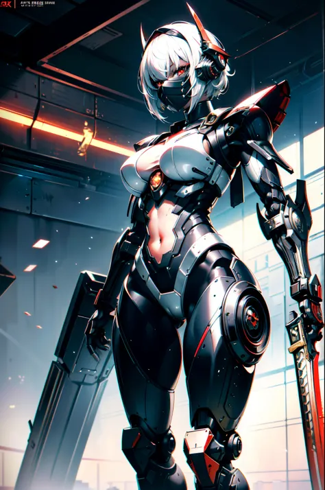 Extraordinary beautiful girl, fuselage, mechanical naked robot, mecha girl, White hair, Short hair details, (red eyes:1.3), Inorganic skin, science fantasy,intermittently, (katana swords), (Perfect Finger, 4fingers and 1thumbs), (There are thick armors on ...