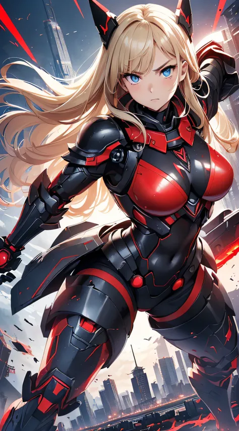 top-quality、Top image quality、​masterpiece、girl with((Red Leotard、Black Mechanical Armor、sixteen years old、teen ager、cute little、Best Bust、big bast,Beautiful light blue eyes、Breasts wide open, a blond、A slender,Large valleys、belligerent movements,Warlike f...