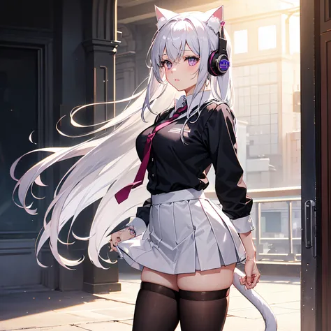 "anime girl, 1 person, silver white hair, light pink purple eyes, wearing cat ear headphones, female shirt, female school uniform, tie, black miniskirt, big breasts, tights,  standing cross-legged, side view, solo(full HD 4K+ image)"