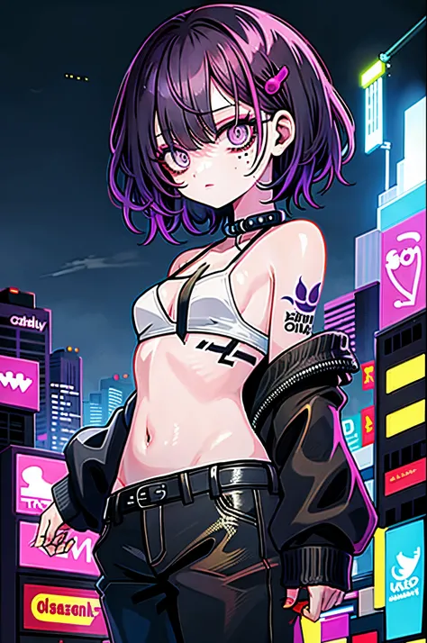 (nice hands, perfect hands), cybercity(green and purple background,big buildings,neon signs, open bars, prostitutes offering themselves)1girl,black suit,sleveless,sidbob,short black undercut hair,one arm sleveless,mechanical arm,mechanical eye,holding a cy...