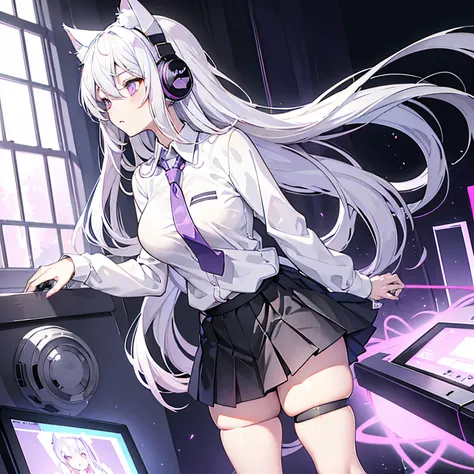 "anime girl, 1 person, silver white hair, light pink purple eyes, wearing cat ear headphones, female shirt, female school uniform, tie, black miniskirt, big breasts, tights,  standing cross-legged, side view, (full HD 4K+ image)"