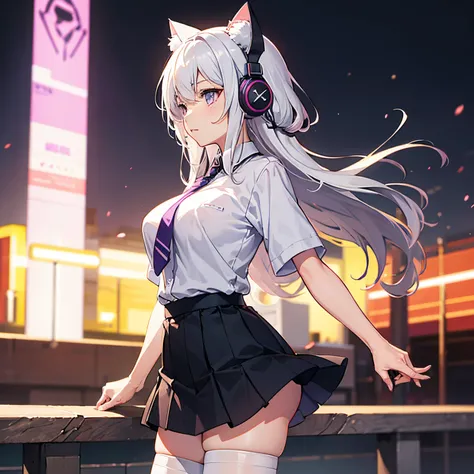 "anime girl, 1 person, silver white hair, light pink purple eyes, wearing cat ear headphones, female shirt, female school uniform, tie, black miniskirt, big breasts, tights,  standing cross-legged, side view, solo(full HD 4K+ image)"