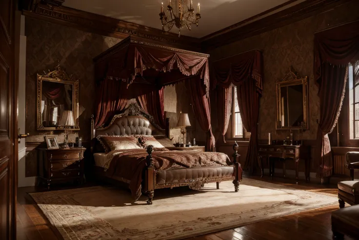 luxurious victorian era gothic bedroom interior detailed walls, rich ornate fabrics, (masterpiece:1.1) (painting:1.1) (weighted lines) (best quality) (detailed) (intricate) (8k) (HDR) (wallpaper) (cinematic lighting) (sharp focus)