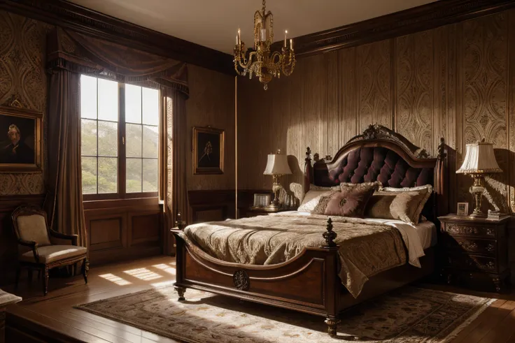 luxurious victorian era gothic bedroom interior detailed walls, rich ornate fabrics, (masterpiece:1.1) (painting:1.1) (weighted lines) (best quality) (detailed) (intricate) (8k) (HDR) (wallpaper) (cinematic lighting) (sharp focus)