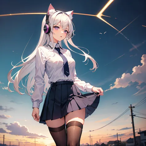 "anime girl, 1 person, silver white hair, light pink purple eyes, wearing cat ear headphones, female shirt, female school uniform, tie, black miniskirt, big breasts, tights,  standing cross-legged, side view, solo(full HD 4K+ image)"