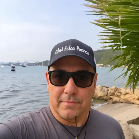 Theres a man in a hat and sunglasses taking a selfie, cerca de 3 5 anos, Erol Otus, photo from behind, imagem de perfil, vacation photo, wearing sunglasses and a cap, Homem de 4 0 anos, Homens de 45 anos, Pablo Perdomo, ele tem cerca de 50 anos, ele tem ce...