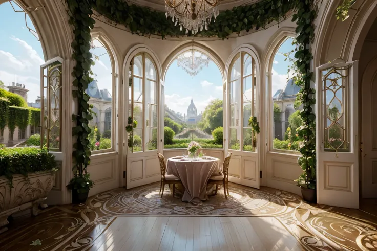 Solarpunk Dreamscape: The Royal Botanical Sanctuary | Generate an ornate botanical bedroom in the style of Versailles in a solarpunk world. There is a giant historical window in the bedroom. The giant French historical window is adorned with intricate carv...