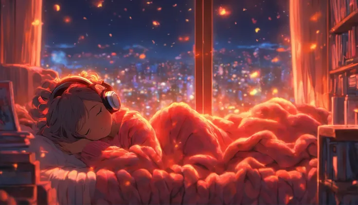 a girl, lying sleeping, wearing a big sweater, wearing headphones, legs covered with a blanket, lofi, calm, calm atmosphere, in her room looking at the window, cool, night, quiet night, masterpiece, best quality