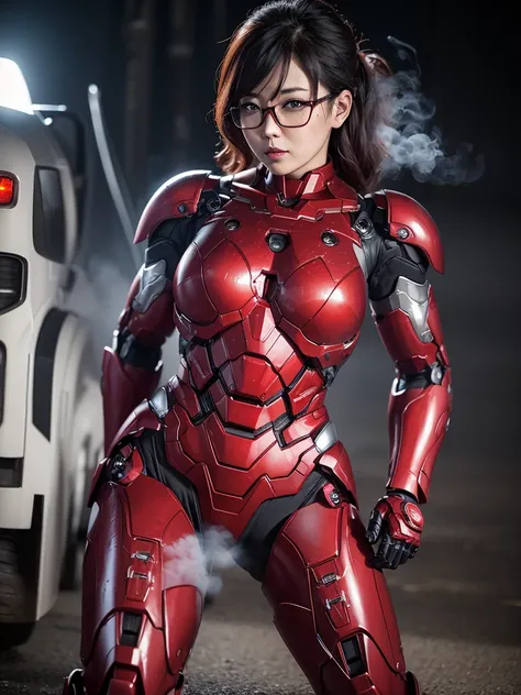 Lori Woman、Erotic face、Heavy robot suit with red body、Gundam、A dark-haired、cyborgs、Erotic Poses、Sweaty face、Fighting Womens Iron Man、Open the legs、、、Water leaks from the crotch、A thick cable extends from the crotch、8K、masutepiece、Chiquita、Black tabby glass...