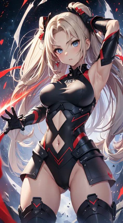 top-quality、Top image quality、​masterpiece、girl with((Red Leotard、Black Mechanical Armor、sixteen years old、teen ager、cute little、Best Bust、big bast,Beautiful light blue eyes、Breasts wide open, a blond、A slender,Large valleys、belligerent movements,Warlike f...