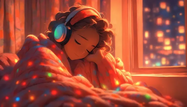 a girl, lying sleeping, wearing a big sweater, wearing headphones, legs covered with a blanket, lofi, calm, calm atmosphere, in her room looking at the window, cool, night, quiet night, masterpiece, best quality