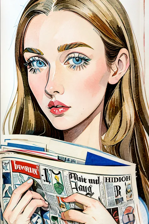 Sketched, watercolor paiting, Collage of Picasso and Robert Delaunay, cubism, Abstract, Cute daughter, big clear blue eyes, Little red cheeks, Blonde long-haired, Face-centric, Against the backdrop of newspapers and fashion magazines, Intricate Brushwork, ...