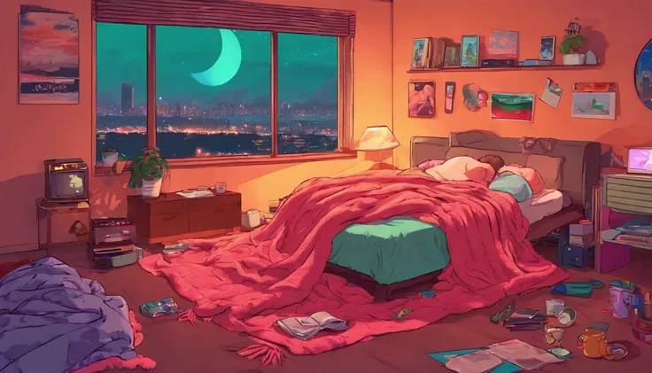 a girl, lying sleeping, wearing a big sweater, wearing headphones, legs covered with a blanket, lofi, calm, calm atmosphere, in her room looking at the window, cool, night, quiet night, masterpiece, best quality