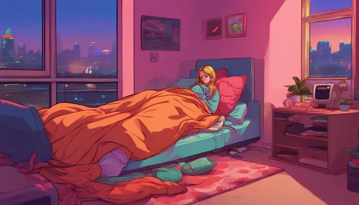 a girl, lying sleeping, wearing a big sweater, wearing headphones, legs covered with a blanket, lofi, calm, calm atmosphere, in her room looking at the window, cool, night, quiet night, masterpiece, best quality