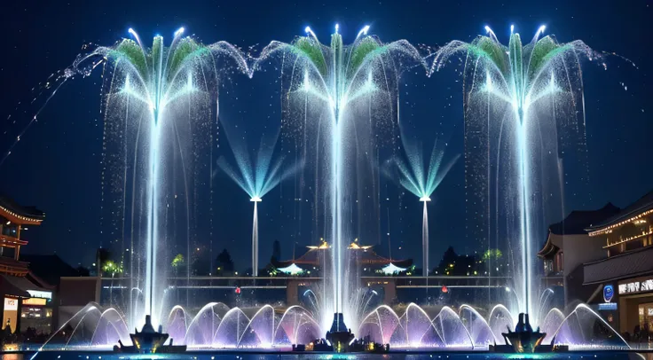 (Large fountain show in Japanese shopping malls: 1.3), Countless water cannons, overhead fountains:1.2, arch fountains:1.3, (Spraying water from various angles: 1.3), (Collaboration of projection mapping and fountain show: 1.3), (Very impressive Grand Fina...