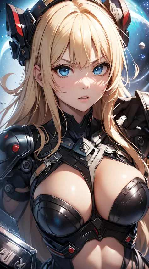 top-quality、Top image quality、​masterpiece、girl with((Red Leotard、Black Mechanical Armor、sixteen years old、teen ager、cute little、Best Bust、big bast,Beautiful light blue eyes、Breasts wide open, a blond、A slender,Large valleys、belligerent movements,Warlike f...