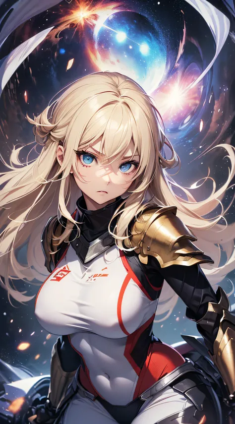 top-quality、Top image quality、​masterpiece、girl with((Red Leotard、Black Mechanical Armor、sixteen years old、teen ager、cute little、Best Bust、big bast,Beautiful light blue eyes、Breasts wide open, a blond、A slender,Large valleys、belligerent movements,Warlike f...