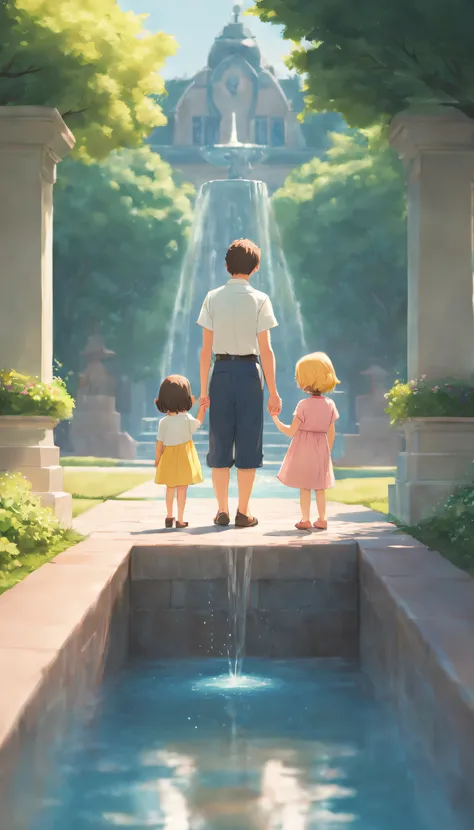 summery vibe，The fountain，Little couple，Childlike perspective， conceptual art， Ghibli-style colors， Fuji colors， vignetting， vanishing point， A high resolution， ccurate， tmasterpiece