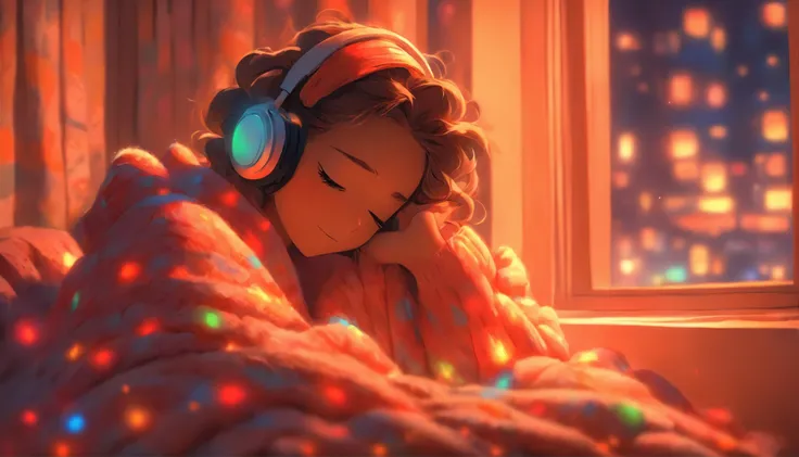 a girl, lying sleeping, wearing a big sweater, wearing headphones, legs covered with a blanket, lofi, calm, calm atmosphere, in her room looking at the window, cool, night, quiet night, masterpiece, best quality