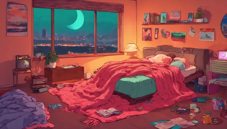 a girl, lying sleeping, wearing a big sweater, wearing headphones, legs covered with a blanket, lofi, calm, calm atmosphere, in her room looking at the window, cool, night, quiet night, masterpiece, best quality