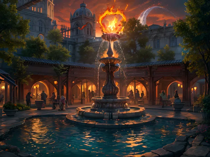 Fantasy art, RPG art, RAW, a picture of an epic sized magical (water fountain: 1.3) in an elven city town square, it has magical runes gl0w1ngR in the basin of the fountain, many rivulets of water entwined in (glowing fire: 1.2), GLOWING STYLE , the fire, ...