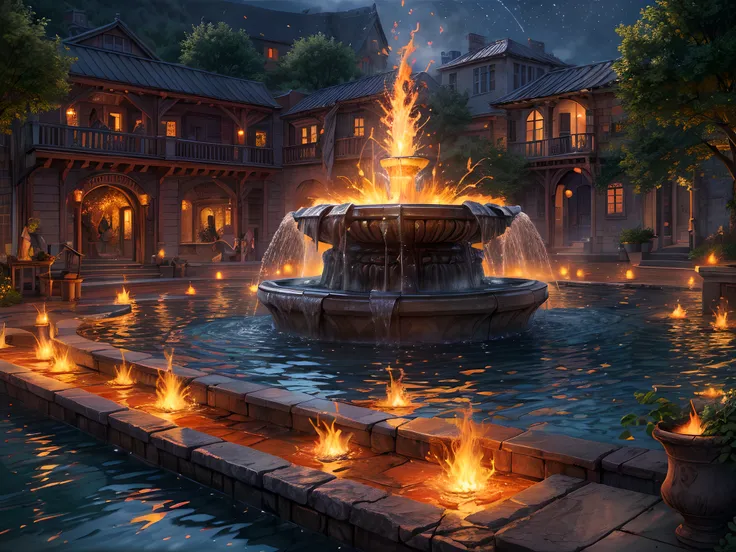 Fantasy art, RPG art, RAW, a picture of an epic sized magical (water fountain: 1.3) in an elven city town square, it has magical runes gl0w1ngR in the basin of the fountain, many rivulets of water entwined in (glowing fire: 1.2), GLOWING STYLE , the fire, ...