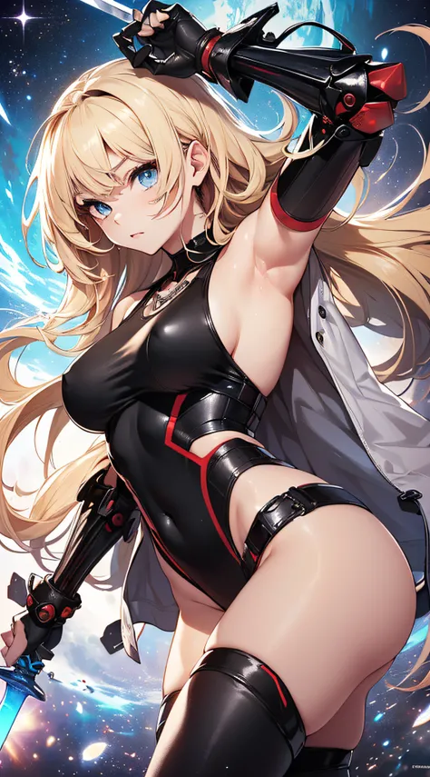 top-quality、Top image quality、​masterpiece、girl with((Red Leotard、Black Mechanical Armor、sixteen years old、teen ager、cute little、Best Bust、big bast,Beautiful light blue eyes、Breasts wide open, a blond、A slender,Large valleys、belligerent movements,Warlike f...