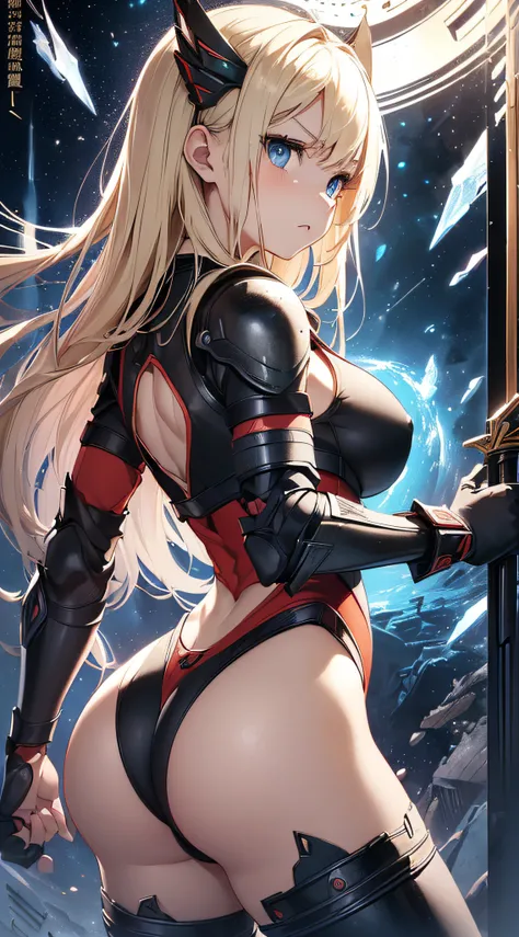 top-quality、Top image quality、​masterpiece、girl with((Red Leotard、Black Mechanical Armor、sixteen years old、teen ager、cute little、Best Bust、big bast,Beautiful light blue eyes、Breasts wide open, a blond、A slender,Large valleys、belligerent movements,Warlike f...