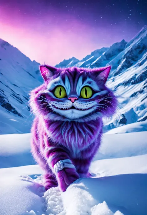 RAW photo, realistic photography, (realistic Cheshire Cat:1.5) wandering through the untouched purity of the snow-clad Himalayas, a mythical tapestry of frost under the spectral dance of the auroras