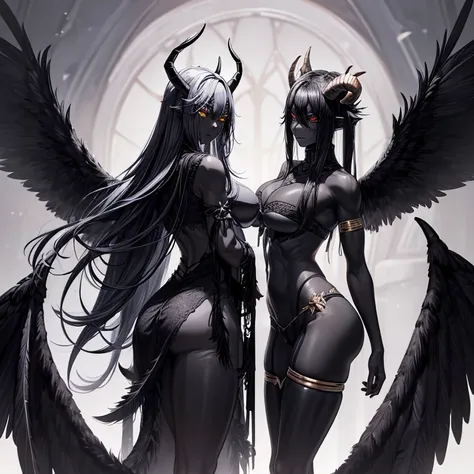 Best quality，A high resolution，One demon，(Pure black skin:1.7)，(a pair of long, curved horns：1.5)，Wings with black feathers，brassier，（huge tit：1.3），（sexy：1.3），（Muscular）