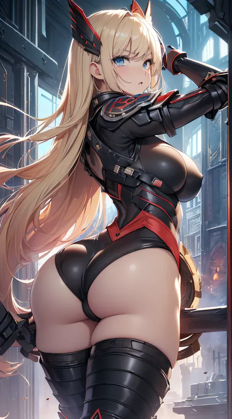 top-quality、Top image quality、​masterpiece、girl with((Red Leotard、Black Mechanical Armor、sixteen years old、teen ager、cute little、Best Bust、big bast,Beautiful light blue eyes、Breasts wide open, a blond、A slender,Large valleys、belligerent movements,Warlike f...