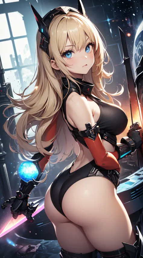 top-quality、Top image quality、​masterpiece、girl with((Red Leotard、Black Mechanical Armor、sixteen years old、teen ager、cute little、Best Bust、big bast,Beautiful light blue eyes、Breasts wide open, a blond、A slender,Large valleys、belligerent movements,Warlike f...