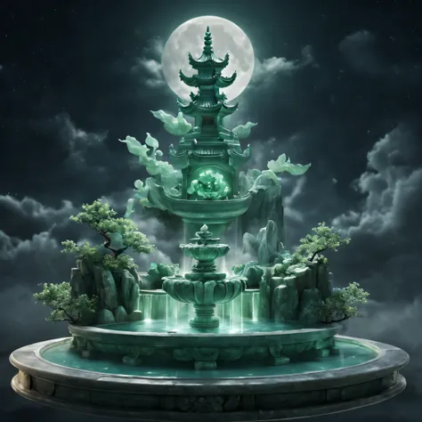 stunning jade fountain.deep in the night，moon full, cloud .(best quality,4k,8k,highres,masterpiece:1.2),ultra-detailed,(realisti...