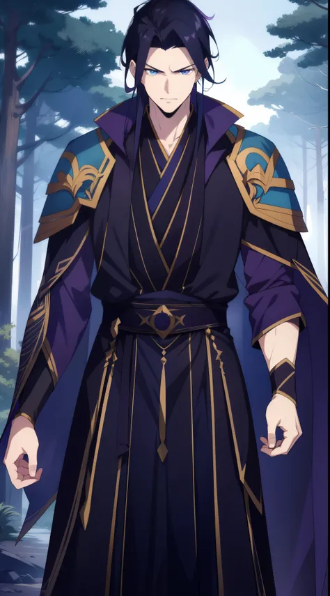 quadratic element，style of anime，One guy（male warrior），proportions are correct，Face details，black hair highlights，Neck details，There is an Adam&#39;apples，Purple suit，joke，purple robes，clothes details，surrender，longer sleeves，Game quality，Light and shadow ...