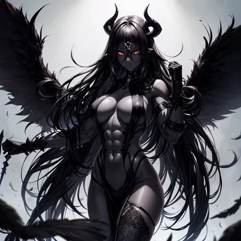 Best quality，A high resolution，A demon girl，(Pure black skin:1.7)，(a pair of long, curved horns：1.5)，Wings with black feathers，brassier，（huge tit：1.3），（Raised sexy：1.3），（Muscular）