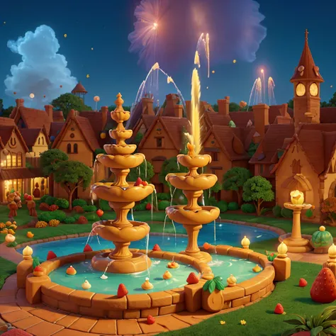 overhead view, cartoonish style, Estilo Pixar, 3D стиль, Octane rendering, on the square in the center of the cartoon gingerbread town there is a cartoon ((fountain)) shaped like a seashell, (Water and various cartoon fruits pour from the fountain), (pay s...